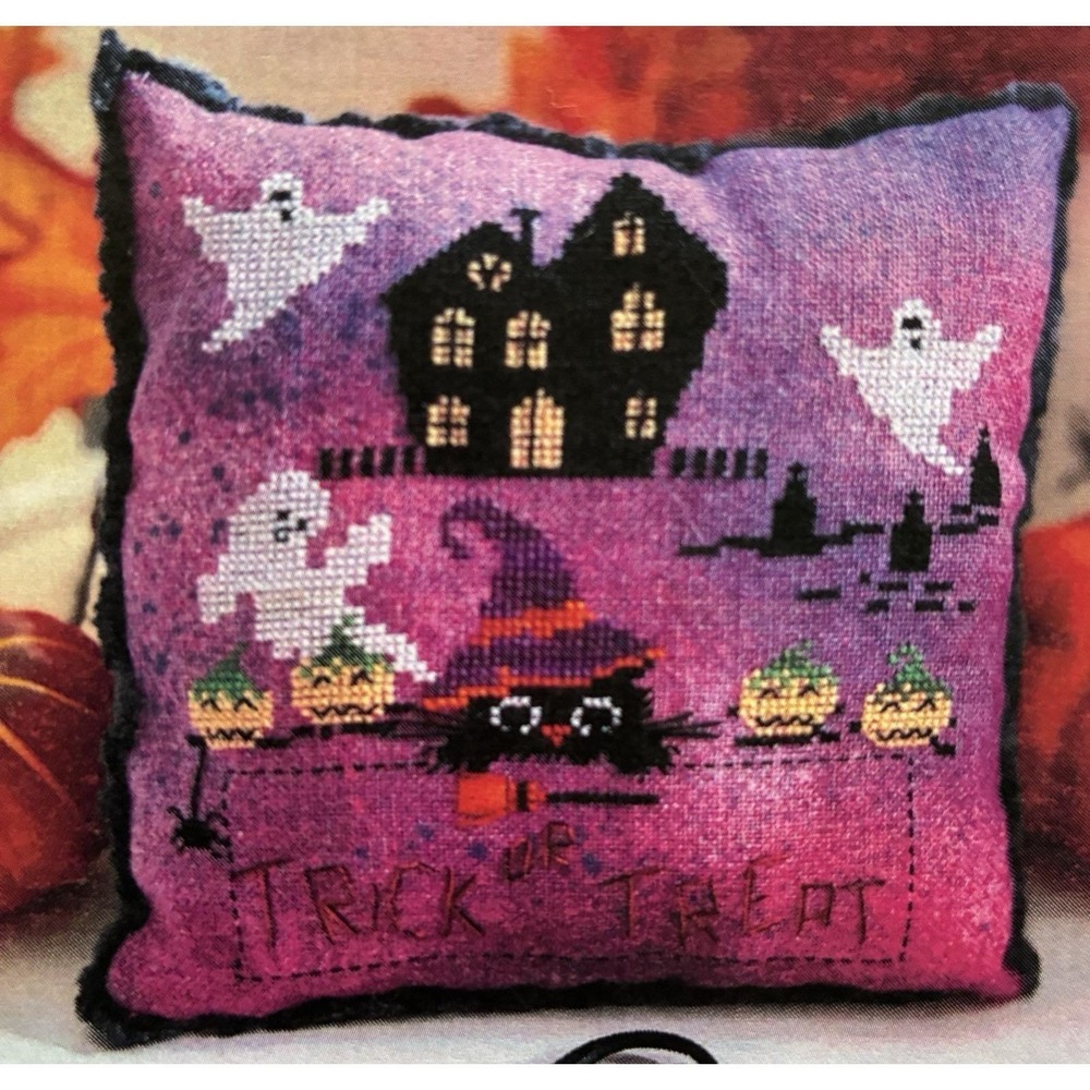 MTV Designs TRICK OR TREAT Cross Stitch Pillow Pattern w Hand Dyed 32ct Linen